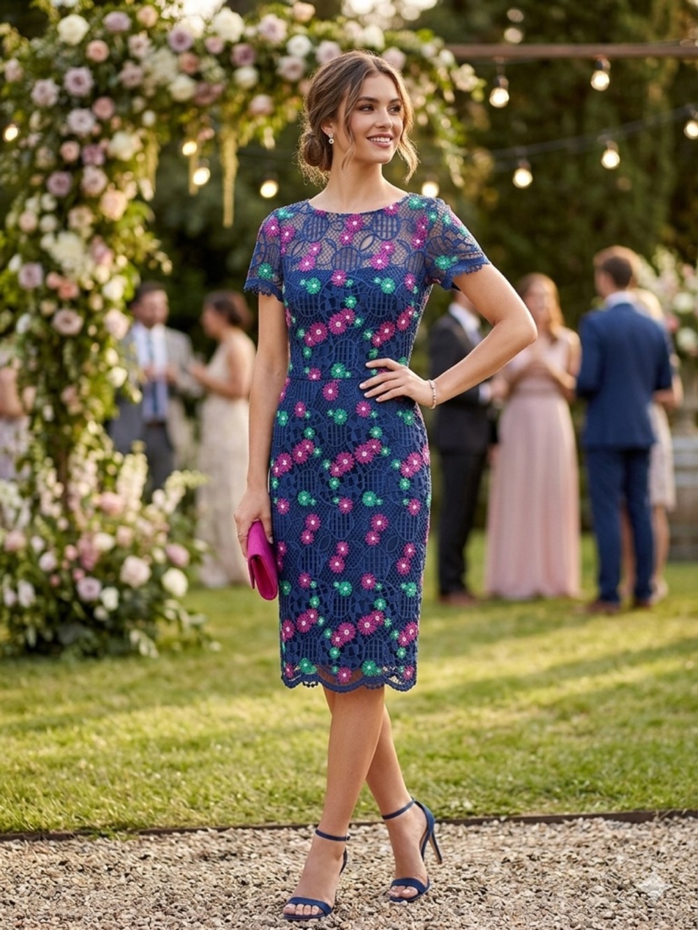 David Meister Navy Blue Floral Guipure Lace Sheath Dress Size 8 Cocktail Wedding